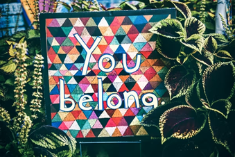 Multi-colored picture framed in green with the words, “You belong” on it. It is surrounded by lush, leafy plants on all sides.