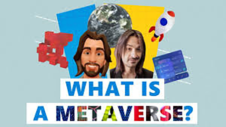 A simple collage of the metaverse concept, where there are digital representations of people, places, and things, with the caption of 'What is a metaverse' at the bottom of the picture