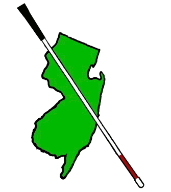 Logo of the New Jersey Council of the Blind: Green image of the the map of the state of New Jersey, with a white cane with a red tip diagonally superimposed over the image of the state.